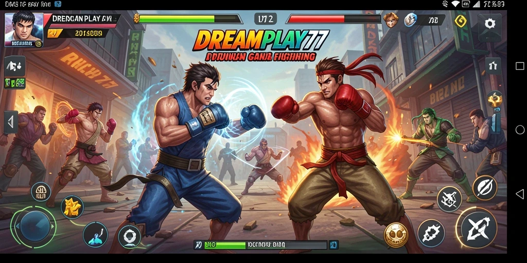 Screenshot gameplay DREAMPLAY77 yang menunjukkan pertarungan seru antar karakter.