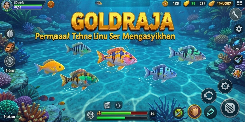 Tampilan gameplay seru dalam GOLDRAJA saat menangkap ikan.